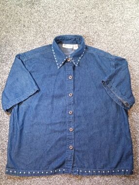 Women’s Size Medium Blue Denim Button-Down Shirt with Star Trim